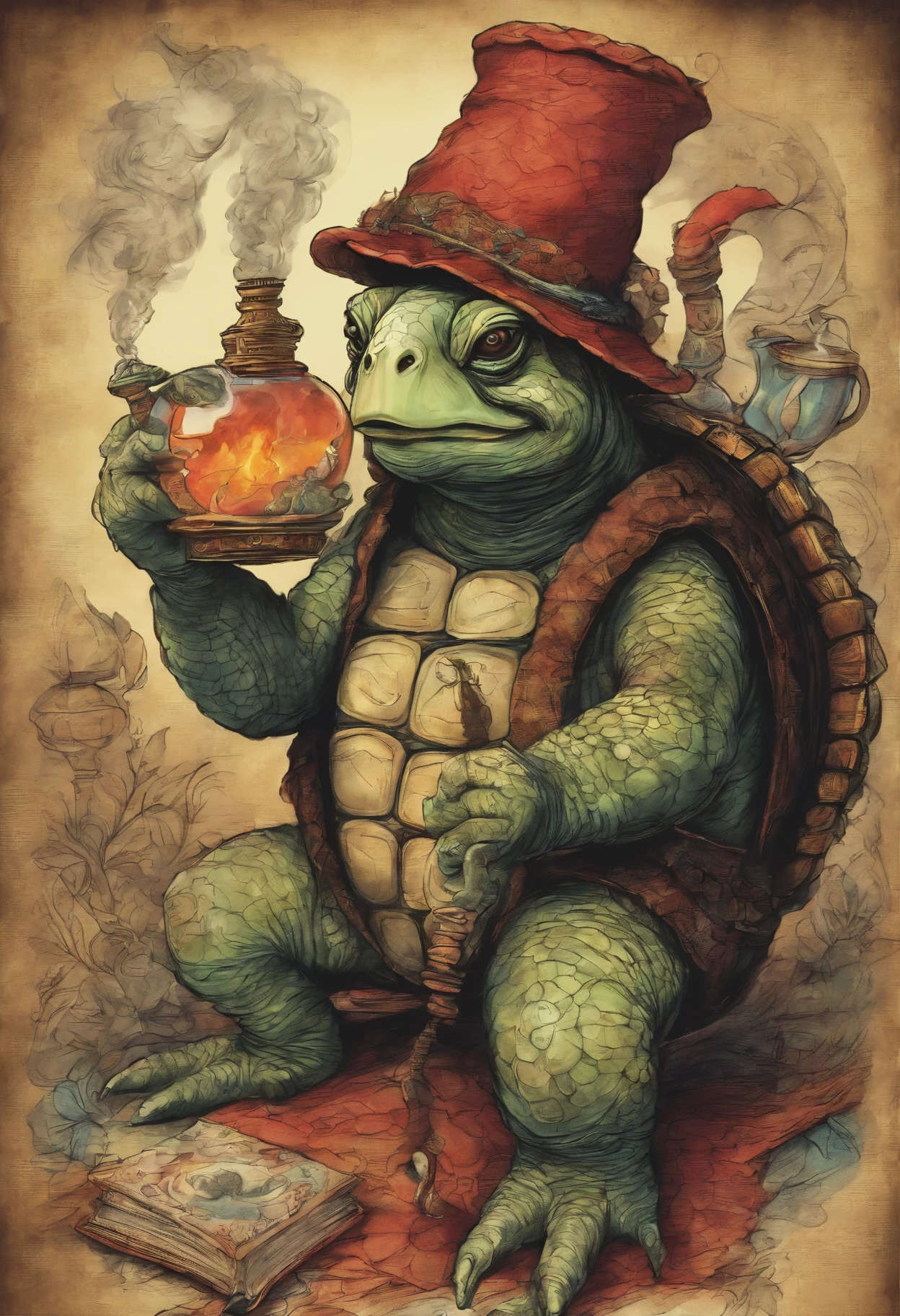 The turtle smokes a hookah and drinks kumiss