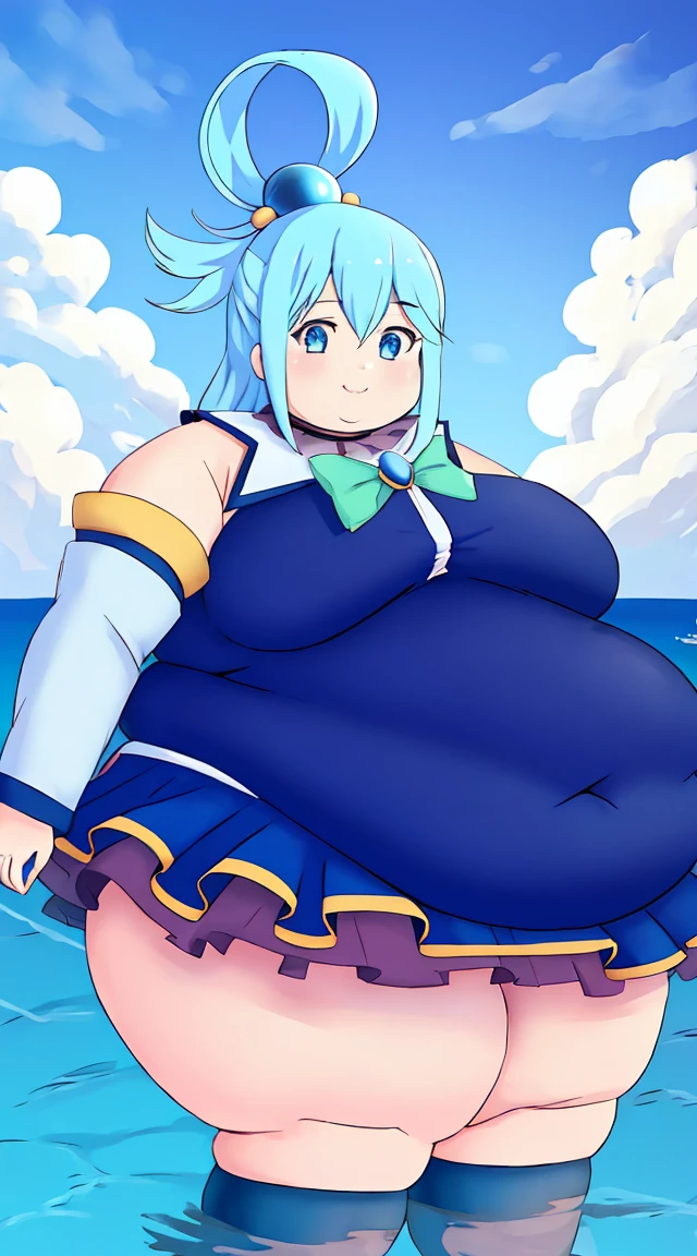 Obese Aqua(Konosuba), MKSKS Style, (Very detailed background: 1.0), (Very detailed background: 1.0), {Masterpiece}, High Quality, One Girl,, Blue Eyes,,Blue Hair,,Chest, Separated Sleeves, Hair Ornament, Hair Ring, Long Hair, Watch Viewer, Single Hair Ring, Smile, Solo, obese body, thickj thighs, Very Long Hair, Water, Konosbarashii Sekainish Kufukuwo!, (Face Only: 1.4),Sea