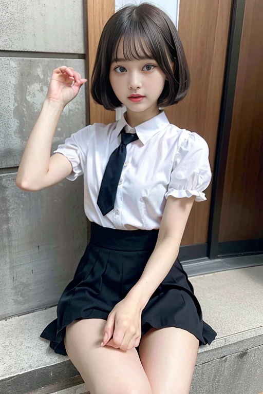 highest quality、masterpiece、thin、Not big breasts、bob cut、highly detailed face、fine eyes、double eyelid、face like an idol、beautiful face、cute、Japanese、beautiful girl、collared shirt、pleated skirt、knee high socks、Absolute area、