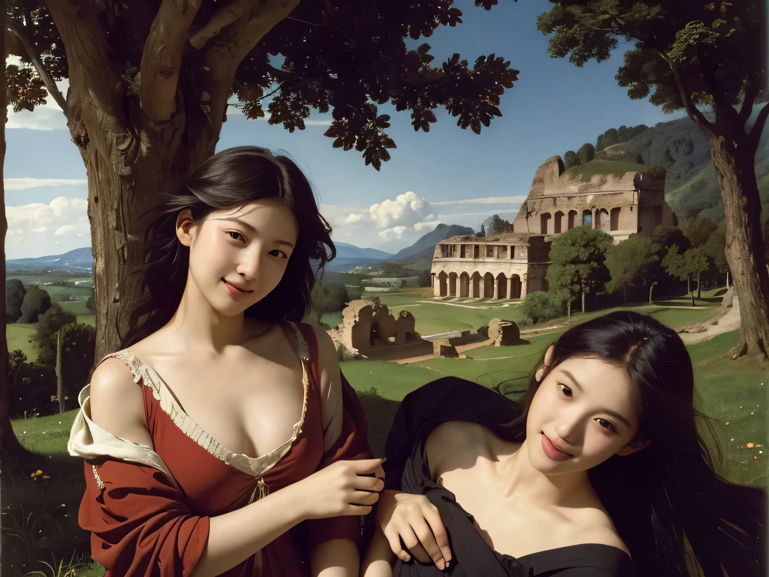 Ancient Roman ruins,Poussin-style landscape,A smile,,Sweet and seductive appearance.、Caravaggio's paintings、Chiaroscuro of Caravaggio、Hair disheveled in the wind,Two women frolicking,Cute smile, Expression of ecstasy,A sexy,Erotic