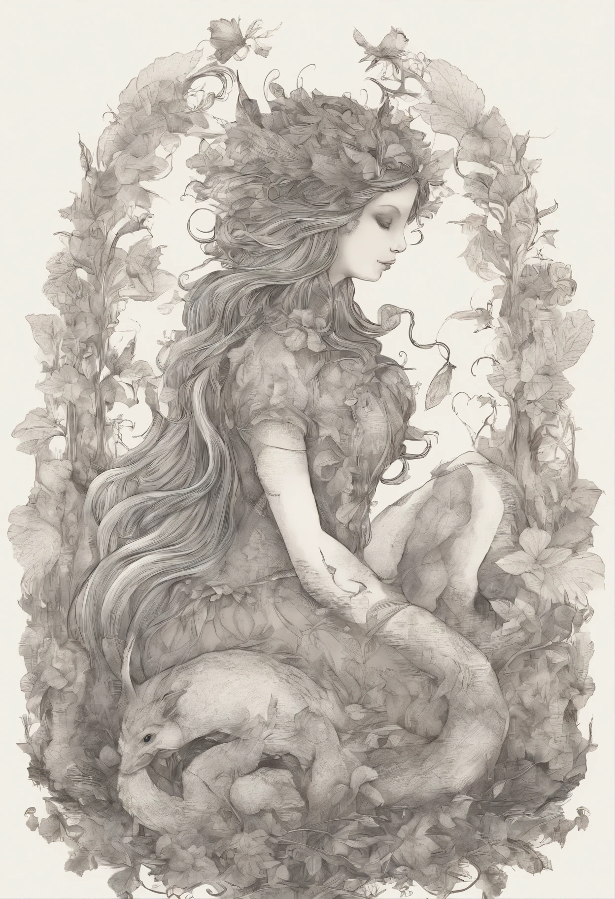 girl and pet fox, girl with a body full of plants, sexy and naked, her entire body is wrapped in plants like an elemental of nature, long brown hair, she lurks in a deep and dark forest with her pet fox (art inspired by Brian Froud and Carne Griffiths and Wadim Kashin, intricate details, oil)