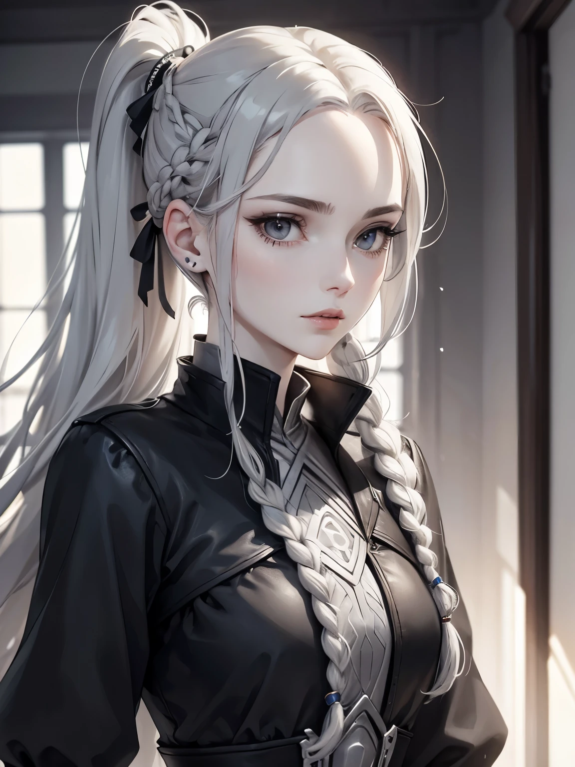 Cassandra is a tall young woman with pale skin, gray eyes and white wavy hair with gray streaks, braided into a high ponytail with many small braids. Two strands of hair and asymmetrical bangs go down the sides of the face