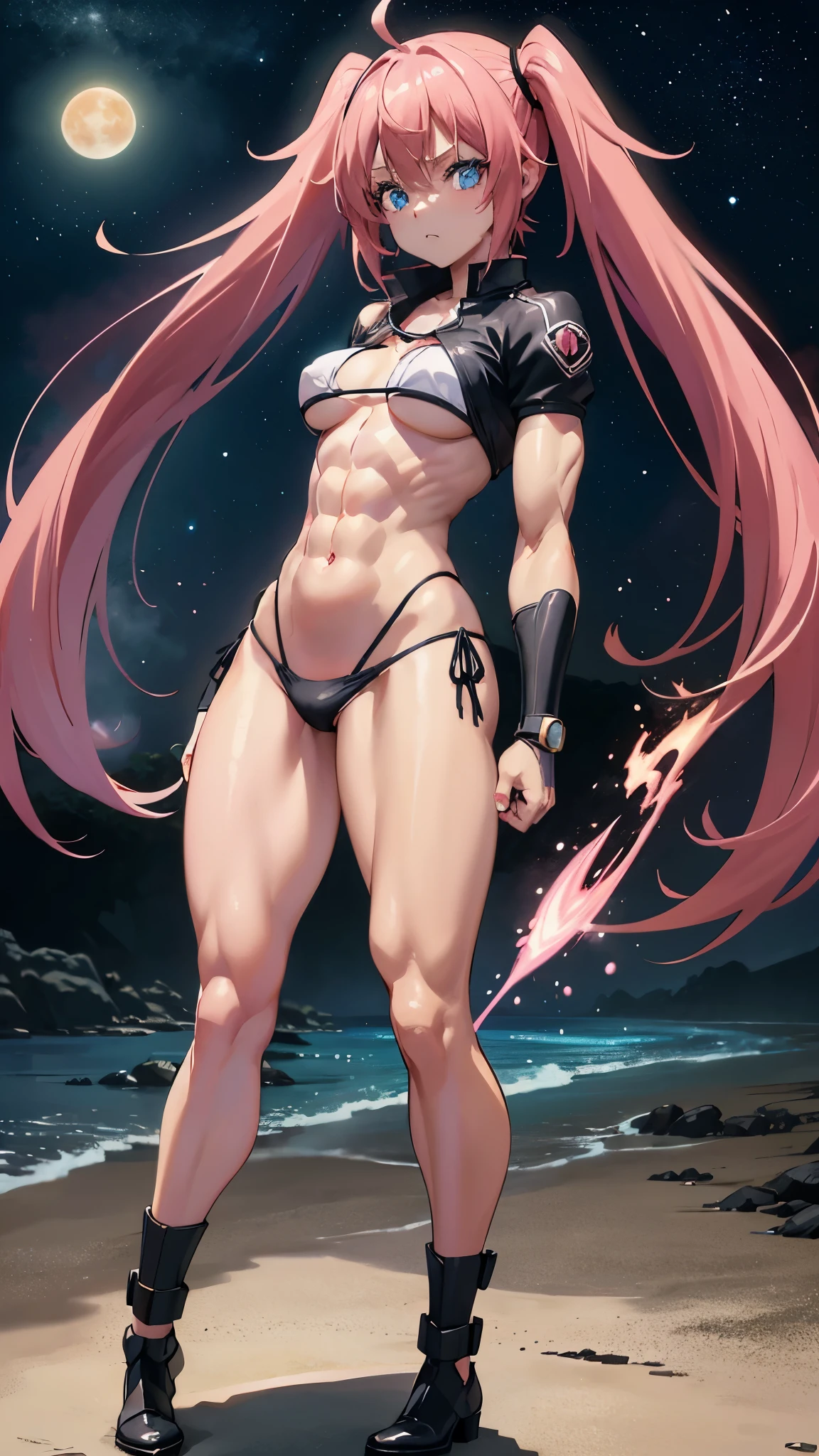 1 girl, (medium breasts))), (((wearing a short bikini))), (long pink hair), (((blue eyes))), Thin arms, (on the beach at night with a starry sky and a full blood moon), (slim waist), (((muscular legs))), muscular belly, wearing a red high heel shoe, (((showing her big ass to me))), (full body photo) , (twintails), long eyes, eye Glow, bad mood, anime, anime style, ray tracing, Glow, drop shadow, Panorama, Sony FE, 8k, UDisk, artwork, accurate, anatomically correct, super detail, best quality, Ultra high resolution, Hard disk, 16k