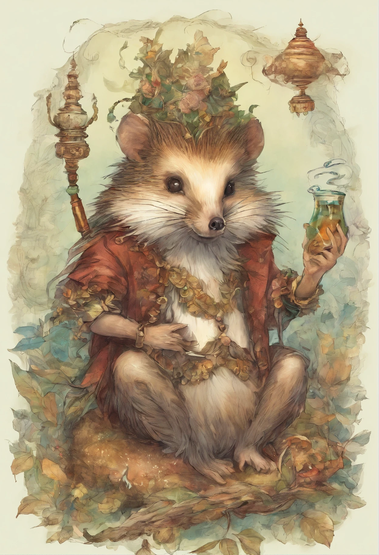 The hedgehog smokes hookah and drinks koumiss