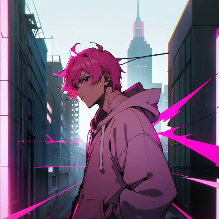 (shortcut), (two block hair), (bright pink hair), (red eyes), (cool pose), (top quality), (masterpiece), (Super detailed), (oversized hoodie), (Street style), (neon), (modern city), (neonデイライト), (cinematic), (stylish), (High resolution), (hyper-detailed), (soft town), (Nightcore), (a handsome guy), (man wearing headphones), (natural appearance of the building), (IG studio anime style), (Low - Angle), (looking at the camera), (visualize)