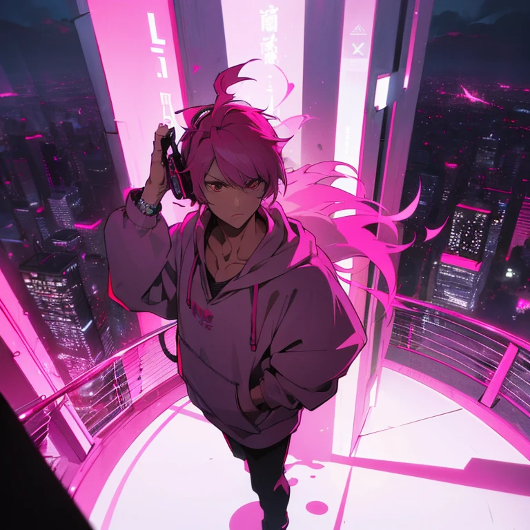 (shortcut), (two block hair), (bright pink hair), (red eyes), (cool pose), (top quality), (masterpiece), (Super detailed), (oversized hoodie), (Street style), (neon), (modern city), (neonデイライト), (cinematic), (stylish), (High resolution), (hyper-detailed), (soft town), (Nightcore), (a handsome guy), (man wearing headphones), (natural appearance of the building), (IG studio anime style), (Low - Angle), (looking at the camera), (visualize)