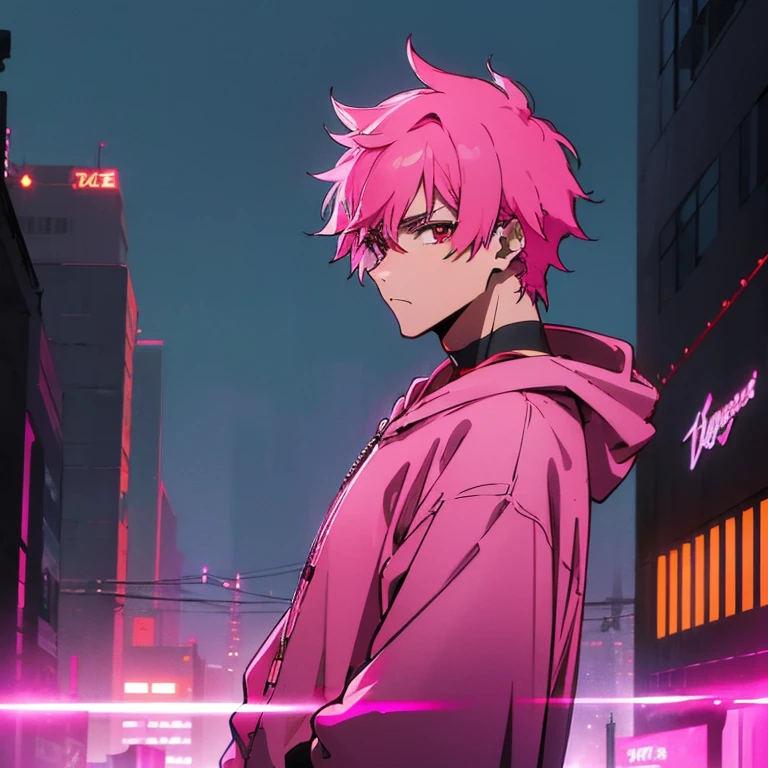 (shortcut), (two block hair), (bright pink hair), (red eyes), (cool pose), (top quality), (masterpiece), (Super detailed), (oversized hoodie), (Street style), (neon), (modern city), (neonデイライト), (cinematic), (stylish), (High resolution), (hyper-detailed), (soft town), (Nightcore), (a handsome guy), (man wearing headphones), (natural appearance of the building), (IG studio anime style), (Low - Angle), (looking at the camera), (visualize)