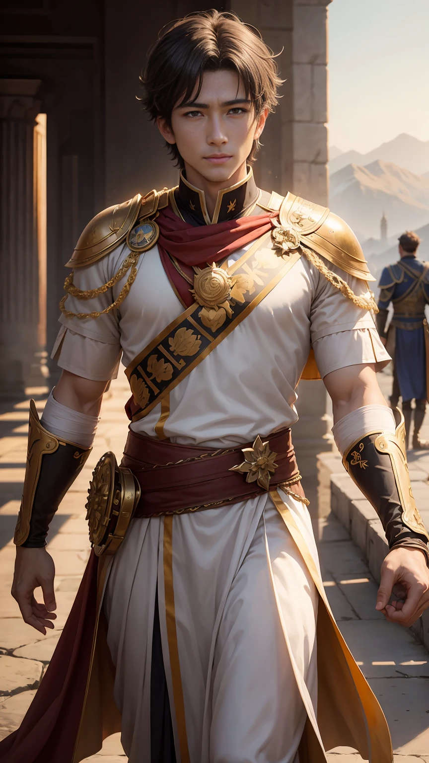 Constantine the Great。17youth at a 。dramatic compositions。historically accurate。The period of turmoil in the late Roman Empire。Dress of the late Roman Empire。Cheerful battle pose。meek and、He has a gentle smile on his face。kind and sharp eyes。like a lion、Bright and sharp eyes。The endless desire for imperial peace。The limitless ambition of imperial domination。Plains of Moesia in modern-day Balkan Peninsula。city of nish。far away、Mountains that spread out overlapping ridgelines々can be seen。壮大なadventureの始まりを思わせるコンセプトアート。heartful。lyrical。Scale infinity。A boy's coming-of-age story。Destiny to become Emperor of the Roman Empire。immeasurable impact on the world。pure love。friendship。adventure。power struggle。trickery。Super high quality。Professional high image quality like a Hollywood blockbuster movie。The majestic lion stands tall。golden sunrise。