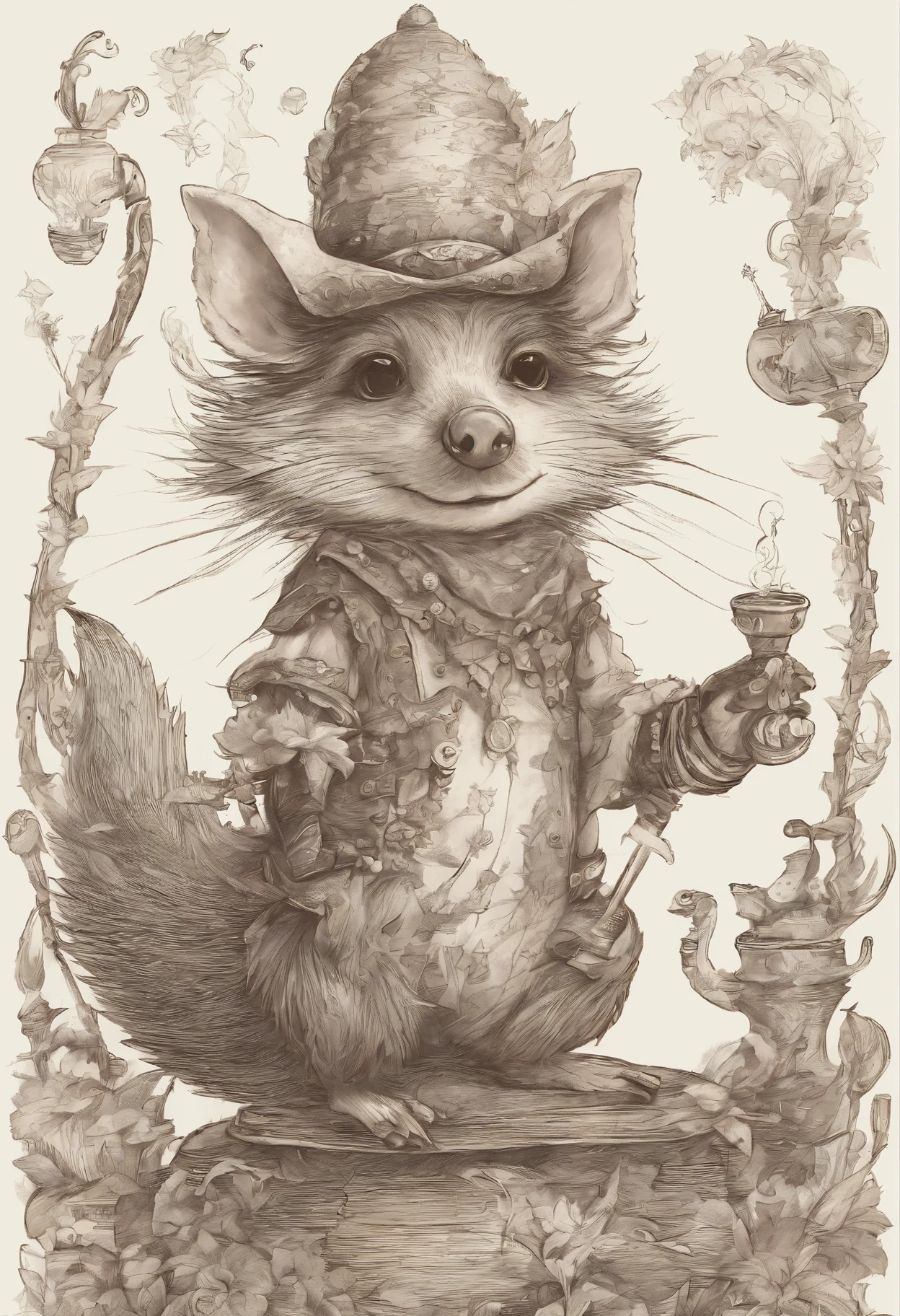 The hedgehog smokes hookah and drinks koumiss