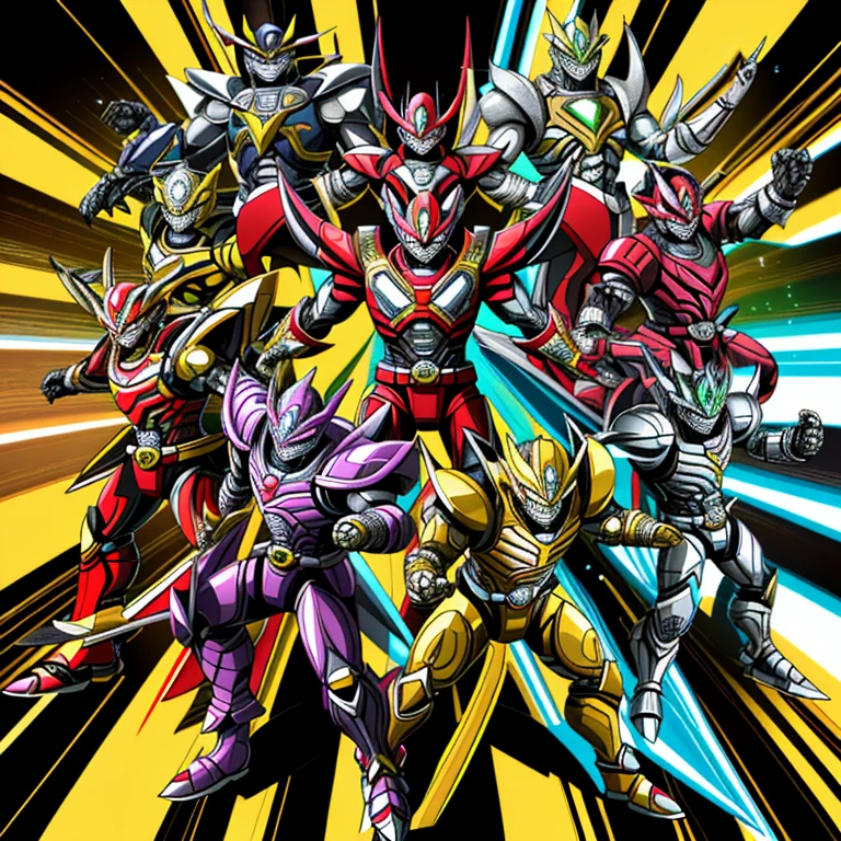 隣り合う異なる色のPower Rangerのグループ、秘密の7人目のPower Ranger、Morning warrior hybrid、Full face mask reminiscent of a dragon、Power Ranger、Art style of the Warring States period、New costume concept design、special effects、characterデザイン、saiyan armor、concept armor、Power Ranger、character、humanoid form、Toei、Power Ranger、clear costume design
