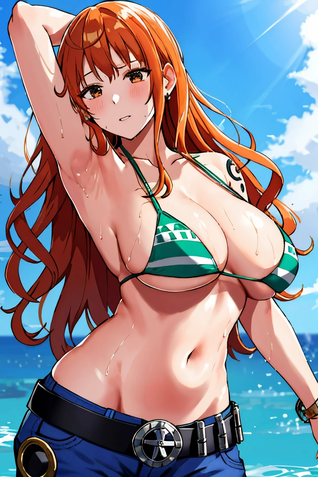 detailed background, masterpiece, 4K, best quality, 늦은 request소년, adult, wrestler body, 1 woman, Active, energetic, Uppercut, (Big mouth) , alone, Us \(One Piece\), 1 woman, bangle, (Very wet, Drenched in sweat, sweating all over, Very wet hair, tired, breathe, dehisce, exhausted, outcry, Sweaty face, sweaty body, Panting, sweating too much, Glittering sweat, sweaty armpits, trend, hands on hips, Serious, glaring), Perfect, detailed face, Draw bold lines, muscular arms, Detailed and thick arm lines, Flat chin, adult woman, wavy wide striped bangs, floating bangs, (Big cheeks), bare shoulders, off shoulder, belt, bikini, bikini top only, blue sky, bracelet, Elastic breasts, Breast line, Big round eyes, very large brown shiny eyes, foam, 높은 눈 stomach치, split, cloud, afternoon, request, earring, floating hair, shiny hair, green belt, green bikini, Thick groin line, requestpants, bijouterie, medium chest, Log Pose, long hair, looking at viewer, navel, wet hair, Orange hair, pants, shoulder Tattoo, side lock, sky, alone, standing, stomach, swimsuit, Tattoo , looking at viewer, dehisce, Detailed left arm, large forehead, hourglass shape, small head, A toned body, Broad head, wind effect, The Sun Effect, Under the sun, Narrow small ear angle, Previous, 무작stomach 포즈,