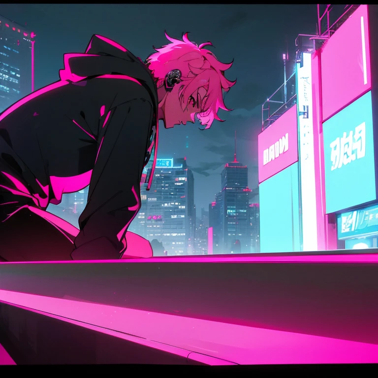 (shortcut), (two block hair), (bright pink hair), (red eyes), (cool pose), (top quality), (masterpiece), (Super detailed), (oversized hoodie), (Street style), (neon), (modern city), (neonデイライト), (cinematic), (stylish), (High resolution), (hyper-detailed), (soft town), (Nightcore), (a handsome guy), (man wearing headphones), (natural appearance of the building), (IG studio anime style), (Low - Angle), (looking at the camera), (visualize)