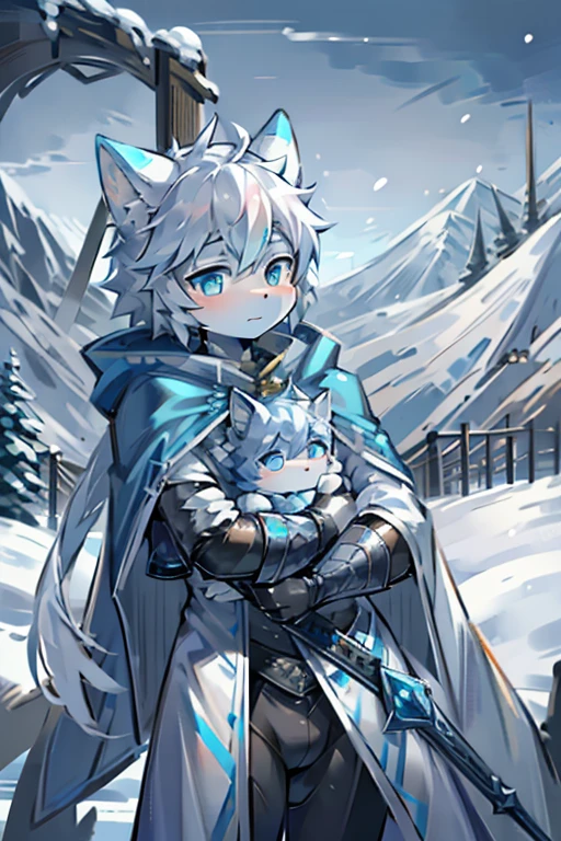 a white cat，Aqua-blue pupils，wearing armor，Snow，holding a longsword，blizzard，Carrying a long sword，Shota，mountains，Coat，Dress thickly，Fluttering cape