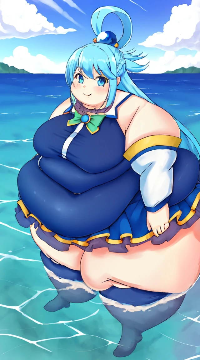 Obese Aqua(Konosuba), MKSKS Style, (Very detailed background: 1.0), (Very detailed background: 1.0), {Masterpiece}, High Quality, One Girl,, Blue Eyes,,Blue Hair,,Chest, Separated Sleeves, Hair Ornament, Hair Ring, Long Hair, Watch Viewer, Single Hair Ring, Smile, Solo, obese body, thickj thighs, Very Long Hair, Water, Konosbarashii Sekainish Kufukuwo!, (Face Only: 1.4),Sea