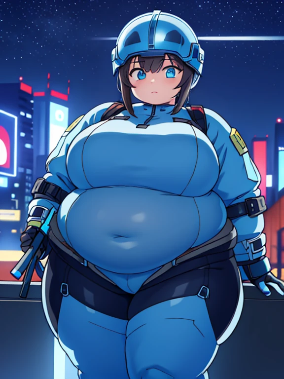 Massively obese cyan tactical soldier girl, fat rolls, short hair, dark hair, (obese belly):1.3, (obese thighs):1.5, (transparent bodysuit):1.3, pudgy, tired, sleepy, (soldier helmet):1.2 extremely chubby, BREAK cityscape, Smokey sky, night sky