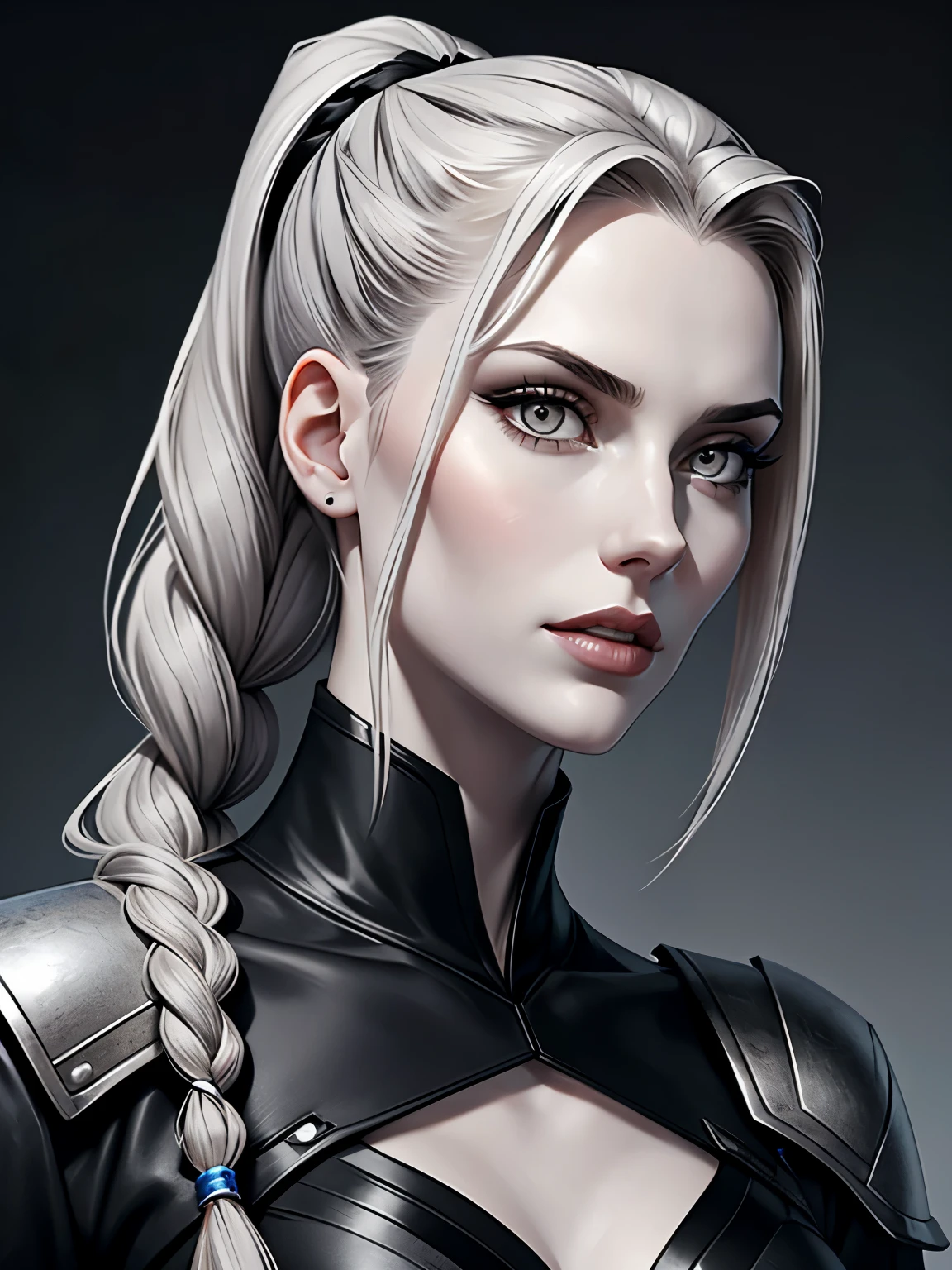 Cassandra is a tall young woman with pale skin, gray eyes and white wavy hair with gray streaks, braided into a high ponytail with many small braids. Two strands of hair and asymmetrical bangs go down the sides of the face
