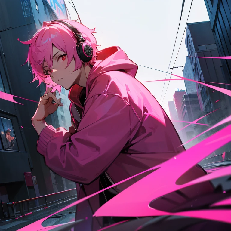 (shortcut), (two block hair), (bright pink hair), (red eyes), (cool pose), (top quality), (masterpiece), (Super detailed), (oversized hoodie), (Street style), (neon), (modern city), (neonデイライト), (cinematic), (stylish), (High resolution), (hyper-detailed), (soft town), (Nightcore), (a handsome guy), (man wearing headphones), (natural appearance of the building), (IG studio anime style), (Low - Angle), (looking at the camera), (visualize)