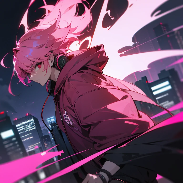 (shortcut), (two block hair), (bright pink hair), (red eyes), (cool pose), (top quality), (masterpiece), (Super detailed), (oversized hoodie), (Street style), (neon), (modern city), (neonデイライト), (cinematic), (stylish), (High resolution), (hyper-detailed), (soft town), (Nightcore), (a handsome guy), (man wearing headphones), (natural appearance of the building), (IG studio anime style), (Low - Angle), (looking at the camera), (visualize)