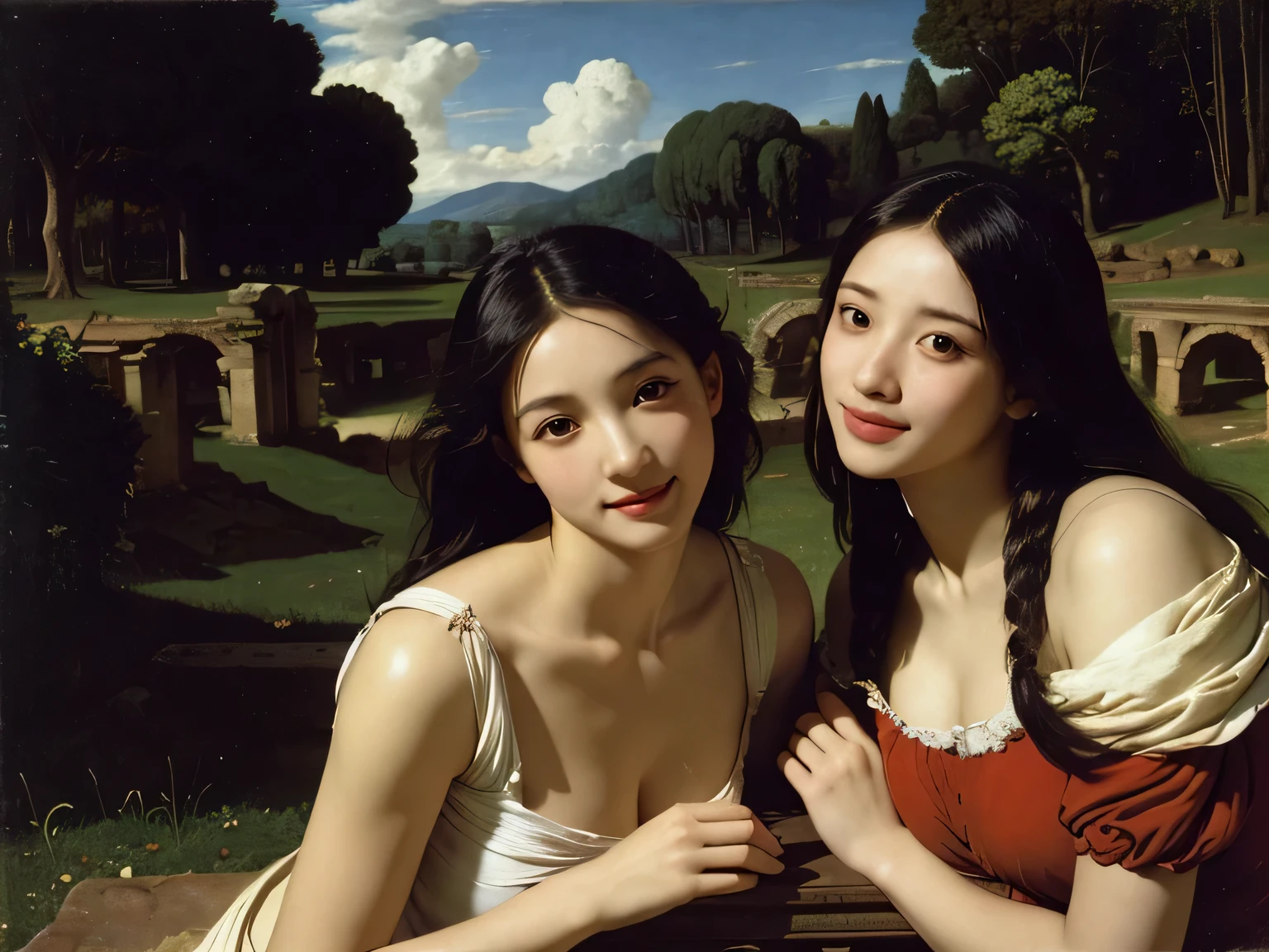 Ancient Roman ruins,Poussin-style landscape,A smile,,Sweet and seductive appearance.、Caravaggio's paintings、Chiaroscuro of Caravaggio、Hair disheveled in the wind,Two women frolicking,Cute smile, Expression of ecstasy,A sexy,Erotic