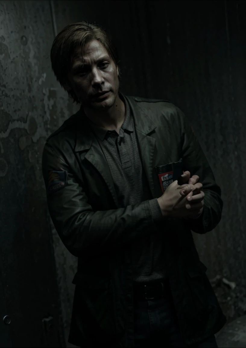 hyperealistic , james sunderland as mads mikkelson, Mads Mikkelson, with shotgun, (cool:1.2), Silent Hill, horror, (nagative space:0.8),4K