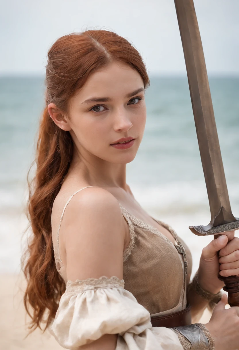 Photo of a girl holding a sword in her right hand、full body photo、Beautiful Norwegian 13 year old girl、girl with hazel eyes、Redhead ponytail、dusty face、Medieval dress、He wears a leather breastplate over his white clothes.、Leather gloves、linen sarouel pants、Leather sandals、He has a bronze sword in his right hand.、He has a wooden shield in his left hand.、Girl standing against the background of a sandy beach、Wind、sharp focus、realな顔の肌、heavy atmosphere、erotic face、hyper quality、High definition、real、photorealism、16k、4k、cinematic、