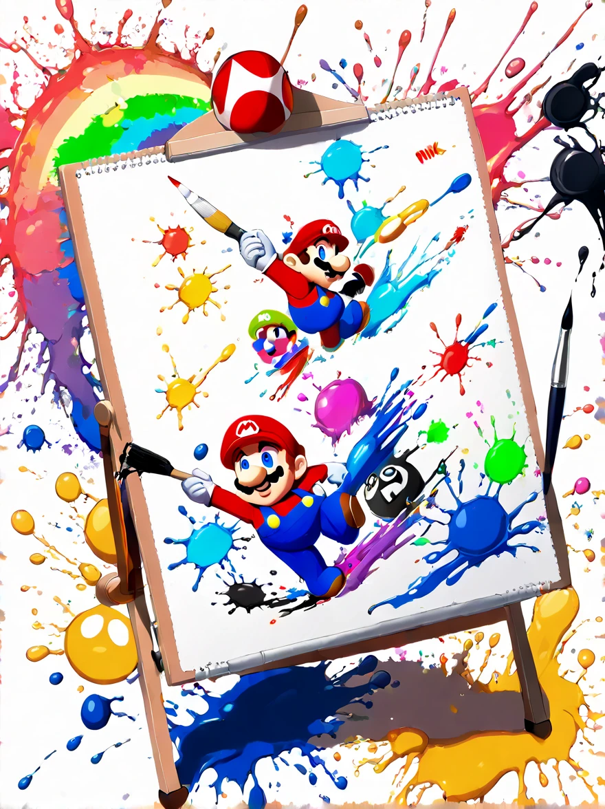 Whimsical vibe，an underwater world，((Cute Super Mario is drawing on the drawing board with a paintbrush:1.6))，((ink pigment，Strong splash of colored ink:1.6))，(在画布和章鱼身上有更多的ink splatter effect:1.6)，(Character covered in ink liquid splatter:1.6), (ink splatter effect:1.4)，(Splash paint:1.4), (Rainbow paint splash:1.4)，(paint splatter background:1.4)，The octopus should look happy doing its art，Surrounded by a vibrant aquatic environment filled with coral and marine life，(vector illustration:1.2)