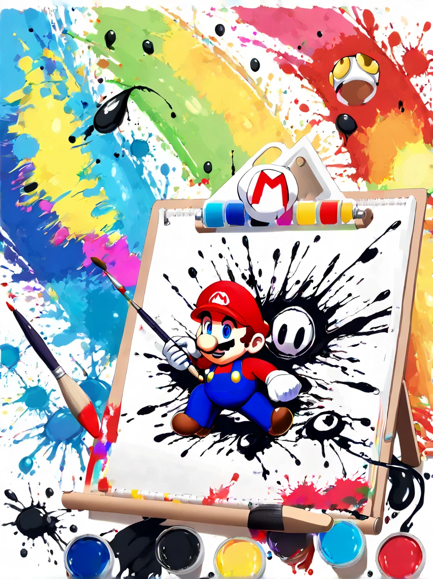 Whimsical vibe，an underwater world，((Cute Super Mario is drawing on the drawing board with a paintbrush:1.6))，((ink pigment，Strong splash of colored ink:1.6))，(在画布和章鱼身上有更多的ink splatter effect:1.6)，(Character covered in ink liquid splatter:1.6), (ink splatter effect:1.4)，(Splash paint:1.4), (Rainbow paint splash:1.4)，(paint splatter background:1.4)，The octopus should look happy doing its art，Surrounded by a vibrant aquatic environment filled with coral and marine life，(vector illustration:1.2)