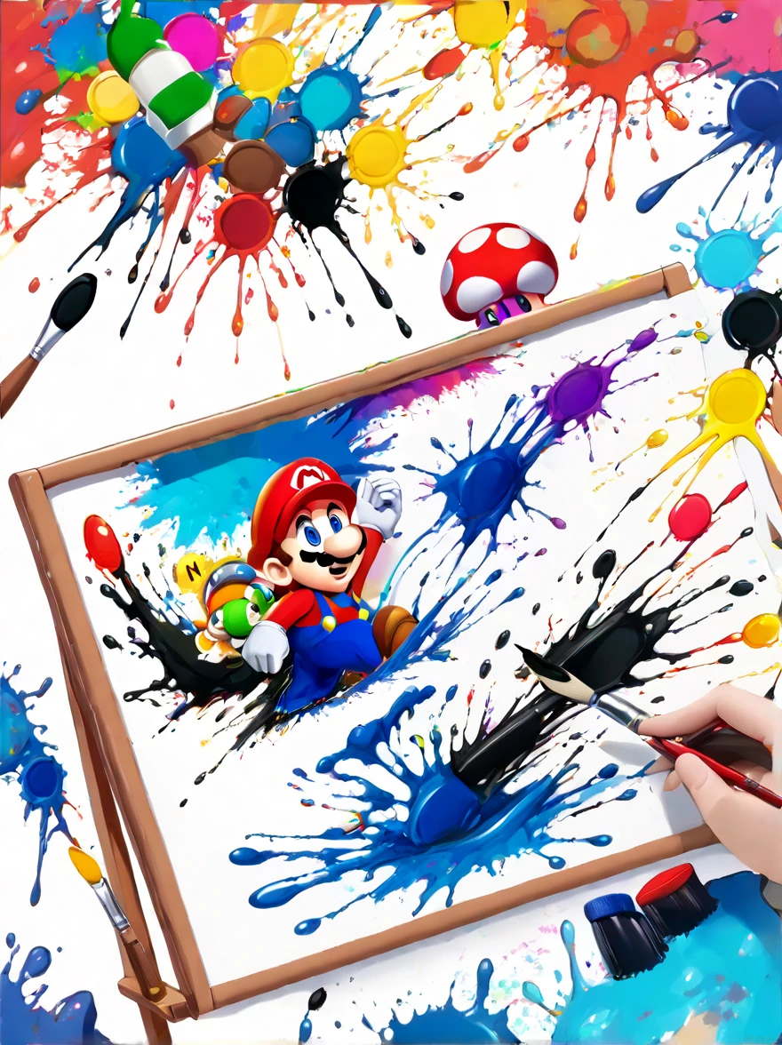 Whimsical vibe，an underwater world，((Cute Super Mario is drawing on the drawing board with a paintbrush:1.6))，((ink pigment，Strong splash of colored ink:1.6))，(在画布和章鱼身上有更多的ink splatter effect:1.6)，(Character covered in ink liquid splatter:1.6), (ink splatter effect:1.4)，(Splash paint:1.4), (Rainbow paint splash:1.4)，(paint splatter background:1.4)，The octopus should look happy doing its art，Surrounded by a vibrant aquatic environment filled with coral and marine life，(vector illustration:1.2)