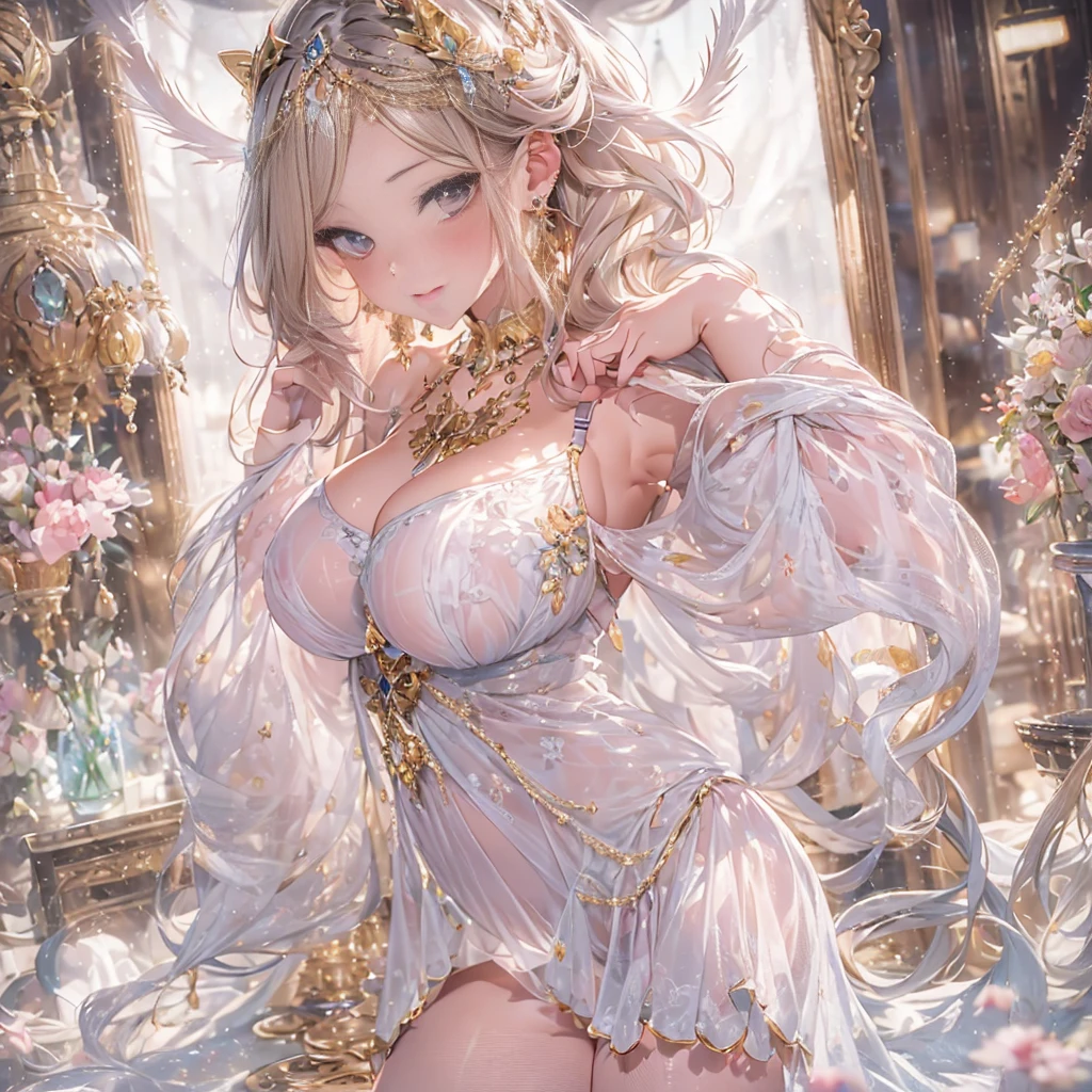 mature woman、sensual curves、huge breasts、thighs、bubble、お尻のmasterpiece, 最high quality, Super detailed, full body shot, mature woman, beautiful mature woman, nightgown and underwear, enchanting smile, thick lips, Chubby lips, blush, looking at the viewer, provocative expression, beautiful髪型, cleavage, Plump、curvy hips、attractive face、sexy lingerie 、an inviting gaze、Expression of emotions、Lewd underwear、(((erotic see-through lingerie set)))、Standing position、gorgeous accessories 、big breastsの女性, bare shoulders, golden hair, colored feather, metal ornaments, colored flowers, particle, light, (masterpiece, 最high quality, 最high quality, official art, beautiful and aesthetic:1.2), (1 girl:1.3), very detailed,(fractal art:1.1),(colorful:1.1)<(flowers:1.3),most detailed,(zentangle:1.2), (dynamic pose), (abstract background:1.3), (shiny skin), (lots of colors :1.4), ,(earrings:1.4), (feather:1.4),masterpiece, 最high quality, Super detailed, 30~40 years, full body shot, beautiful 、various hairstyles,gold headband,plump breasts,beautiful butt,greek clothing,Tulle covers the breasts,perfectly proportioned, detailed clothing details,marble,god statue,cinematic lighting, film grain, Fuji color, 8K, masterpiece, Super detailed, high detail, high quality, High resolution, 、(((erotic see-through lingerie set)))、gorgeous accessories、raise your butt, from below, (((NSFW:1.2)))、exposed chest、Openwork decoration,(((see through dress)))、(((anatomically correct body))) , 最high quality, Super detailed, (((Lewd underwear)))、raise your butt, from below, (NSFW: 1.4)、exposed chest、(((Healing face)))、Openwork decoration,(((R-18)))、Hakari、Whirlpool、thighs, big breasts, Are standing, cowboy shot, blush, 1 girl, (masterpiece:1.3), (High resolution), (8K), (very detailed), perfect face, Nice eyes and face, (((最high quality))), (Super detailed), detailed face and eyes, (alone), High resolution、beautiful目,(((sexy pose)))、(((big breasts)))、((beautiful eyes))、luxury、(((超High resolution)))、(((detailed description)))、(((chubby body shape)))、(((Body parts that match the anatomy)))、beautiful長いまつ毛、Balanced body shape、2Book Arm、2 legs、Legs and arms of just the right size、Fishnet tights、glamorous、Clear white and black eyes