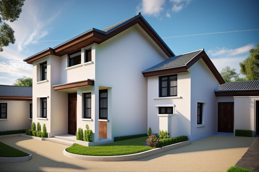 Modern townhouse, combining neoclassical style, street, car running in front of the house, (LoGo:1.5 not appearing), Modern Style, Extremely detailed image, masterpiece, surreal, rendered by vray 2023, 8k rendering, White walls, aluminum glass doors and windows, large yard covered with ceramic tiles, Natural light, cloudy, daytime a few clusters of beautiful small flower pots 8K