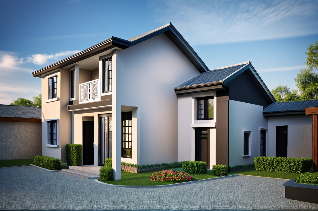 Modern townhouse, combining neoclassical style, street, car running in front of the house, (LoGo:1.5 not appearing), Modern Style, Extremely detailed image, masterpiece, surreal, rendered by vray 2023, 8k rendering, White walls, aluminum glass doors and windows, large yard covered with ceramic tiles, Natural light, cloudy, daytime a few clusters of beautiful small flower pots 8K