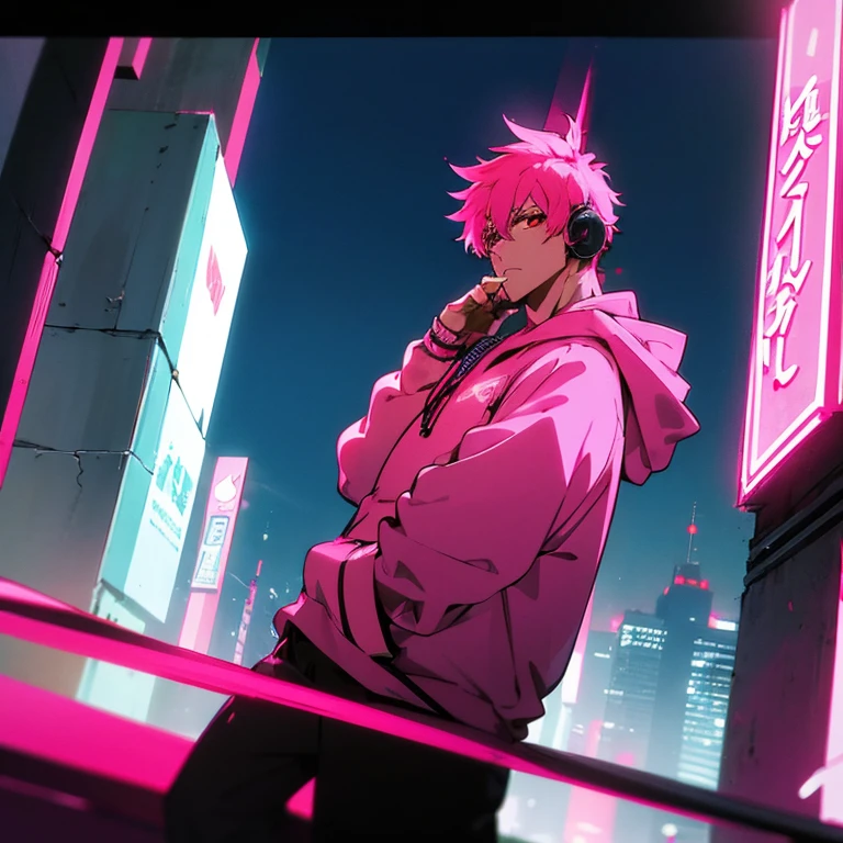 (shortcut), (two block hair), (bright pink hair), (red eyes), (cool pose), (top quality), (masterpiece), (Super detailed), (oversized hoodie), (Street style), (neon), (modern city), (neonデイライト), (cinematic), (stylish), (High resolution), (hyper-detailed), (soft town), (Nightcore), (a handsome guy), (man wearing headphones), (natural appearance of the building), (IG studio anime style), (Low - Angle), (looking at the camera), (visualize)
