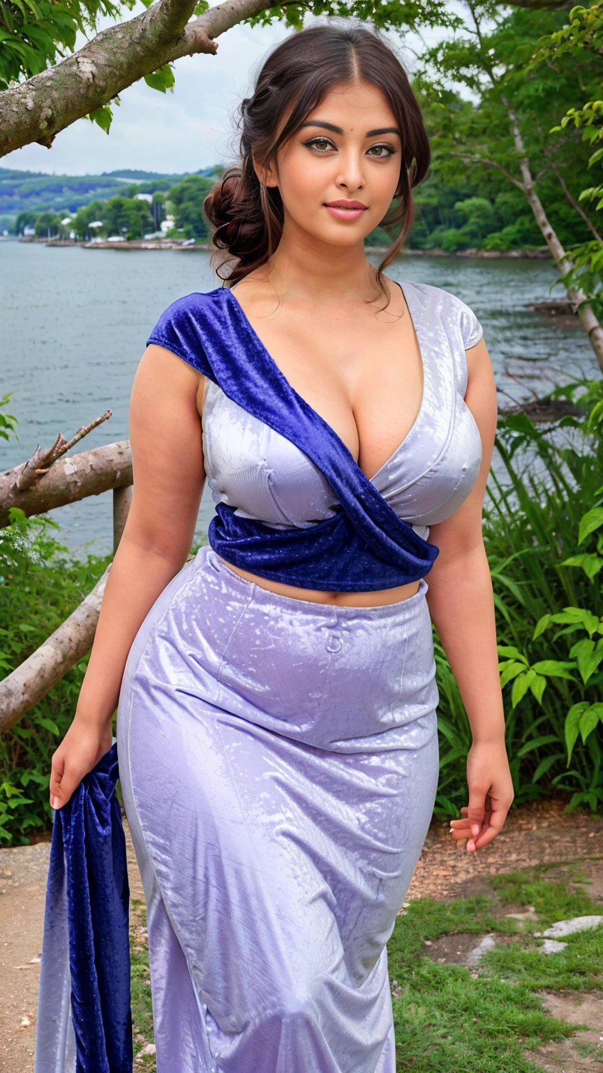 Indian beautiful woman sexy curvy plus size model wearing silver velvet color Beauty in Sari : Charm & Nature facing to camera in standing position, curvy plus size figure, big m-cup bulky breasts ,wearing White Beauty in Sari : Charm & Nature, side bun hairstyle, bright eyes, thin eyebrows, fair skin, blushing cheeks, prefect , head to thigh view, beautiful nature background and location, head to thigh view