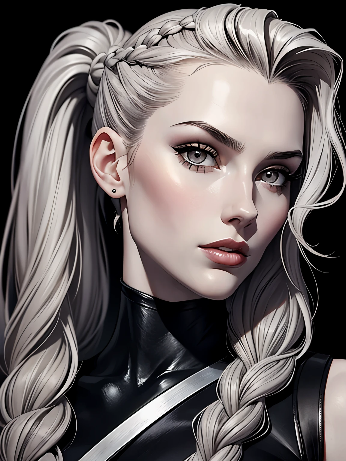 Cassandra is a tall young 20 years old woman with pale skin, gray eyes and white wavy hair with gray streaks, braided into a high ponytail with many small braids. Two strands of hair and asymmetrical bangs go down the sides of the face
