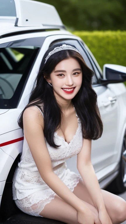Highly detailed CG Unity 8K wallpaper, highest quality, Super detailed, masterpiece, realistic, photo realistic, Highly detailed cute girl, 25 years old, (whole bodyからつま先まで:1.4)、(whole body)、(whole body to toes)、(shot from the side)、(sitting on the hood of a car)、(lace queen)、
(I am wearing a lace queen costume as a sponsor.'logo is printed.:1.3), (shorts) , (sitting in a motorsport race), (cleavage), smile ,whole bodyショット ,(Side view)、(side shot)、(smile at the camera)、