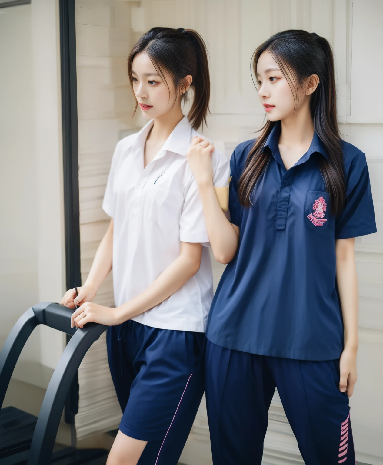 2 girls in the fitness center, Navy blue short-sleeved shirt,Navy Long Trackpant,Sweatpants, Sweatpantsขายาว,25 year old girl, lesbian, sexy, exercise clothes, wet body, exercise clothes