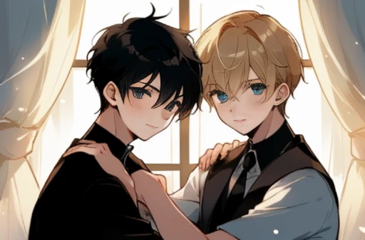 2 boys, active posing, black hair boy and blond hair boy , friends, soft lighting, happy, clear eyes