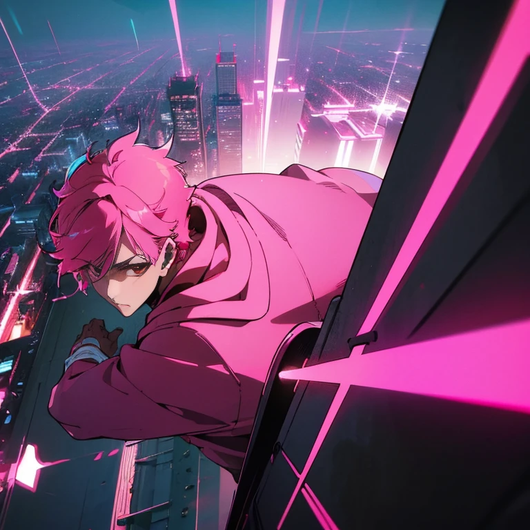 (shortcut), (two block hair), (bright pink hair), (red eyes), (cool pose), (top quality), (masterpiece), (Super detailed), (oversized hoodie), (Street style), (neon), (modern city), (neonデイライト), (cinematic), (stylish), (High resolution), (hyper-detailed), (soft town), (Nightcore), (a handsome guy), (man wearing headphones), (natural appearance of the building), (IG studio anime style), (Low - Angle), (looking at the camera), (visualize)