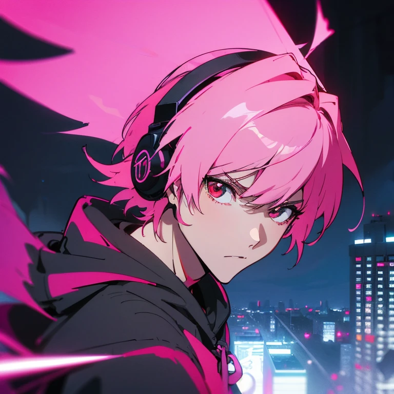 (shortcut), (two block hair), (bright pink hair), (red eyes), (cool pose), (top quality), (masterpiece), (Super detailed), (oversized hoodie), (Street style), (neon), (modern city), (neonデイライト), (cinematic), (stylish), (High resolution), (hyper-detailed), (soft town), (Nightcore), (a handsome guy), (man wearing headphones), (natural appearance of the building), (IG studio anime style), (Low - Angle), (looking at the camera), (visualize)