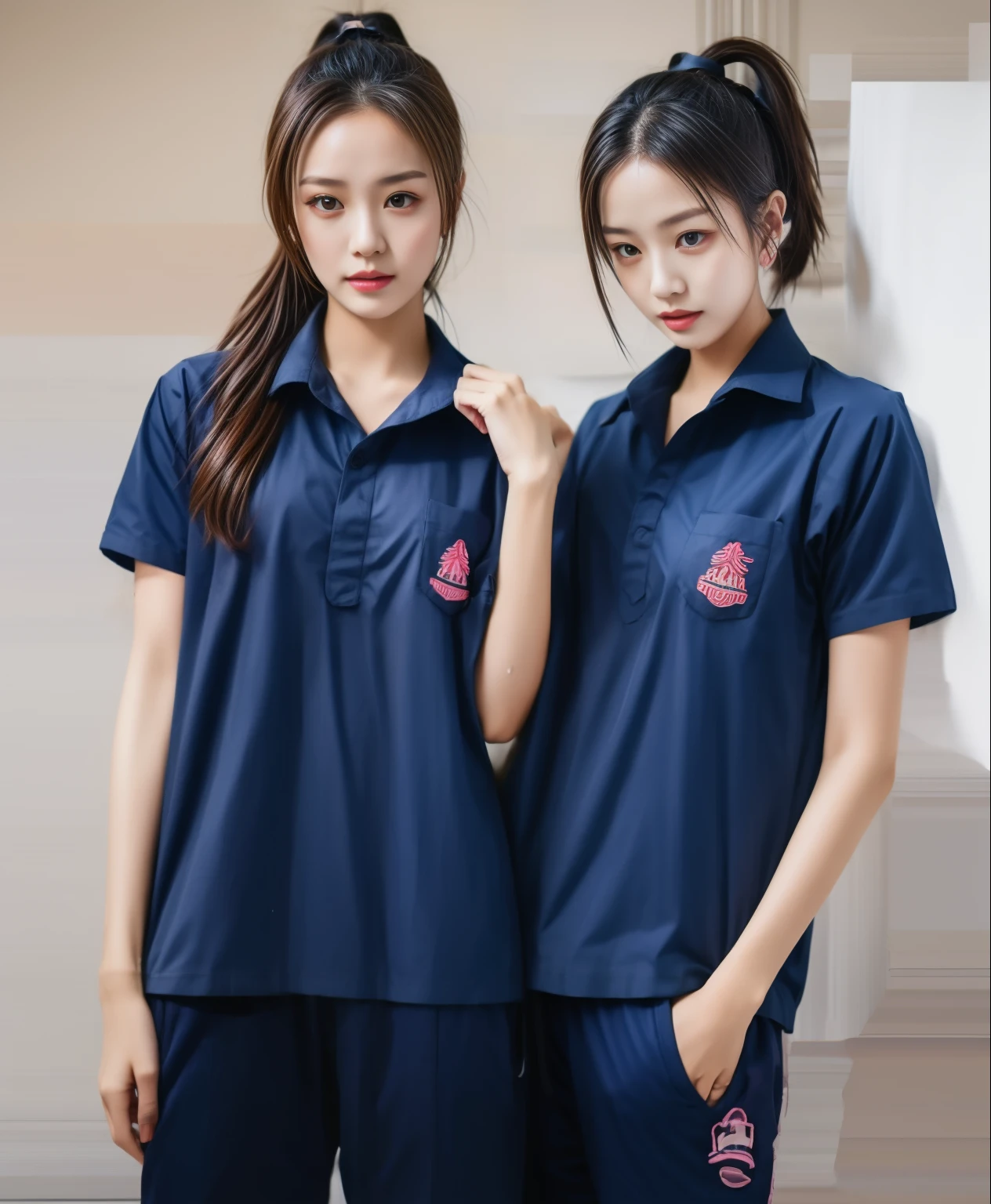 2 girls in the fitness center, Navy blue short-sleeved shirt,Navy Long Trackpant,Sweatpants, Sweatpantsขายาว,25 year old girl, lesbian, sexy, exercise clothes, wet body