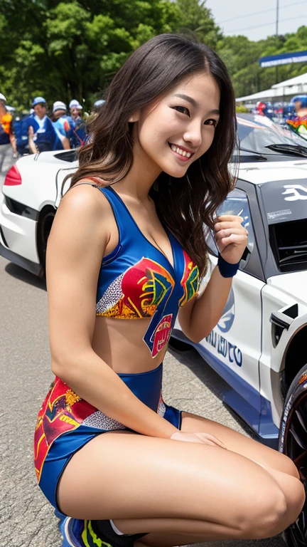 (detailed skin:1.2),(shiny skin:1.1),8k,best quality, masterpiece, ultra high res,(photorealistic:1.4),(soft saturation:1.3),(fair skin:1.2),1woman, young, japanese, brown hair, brown eyes, medium hair, asymmetrical hair, wavy hair, asymmetrical bangs, makeup,(lipstick:1.1),(eyeliner:1), mascara, eyeshadow, glamor, large breasts, grid girl costume and sponsor logo, grid girl costume, in racing circuit and large crowd, seductive smile, chest up