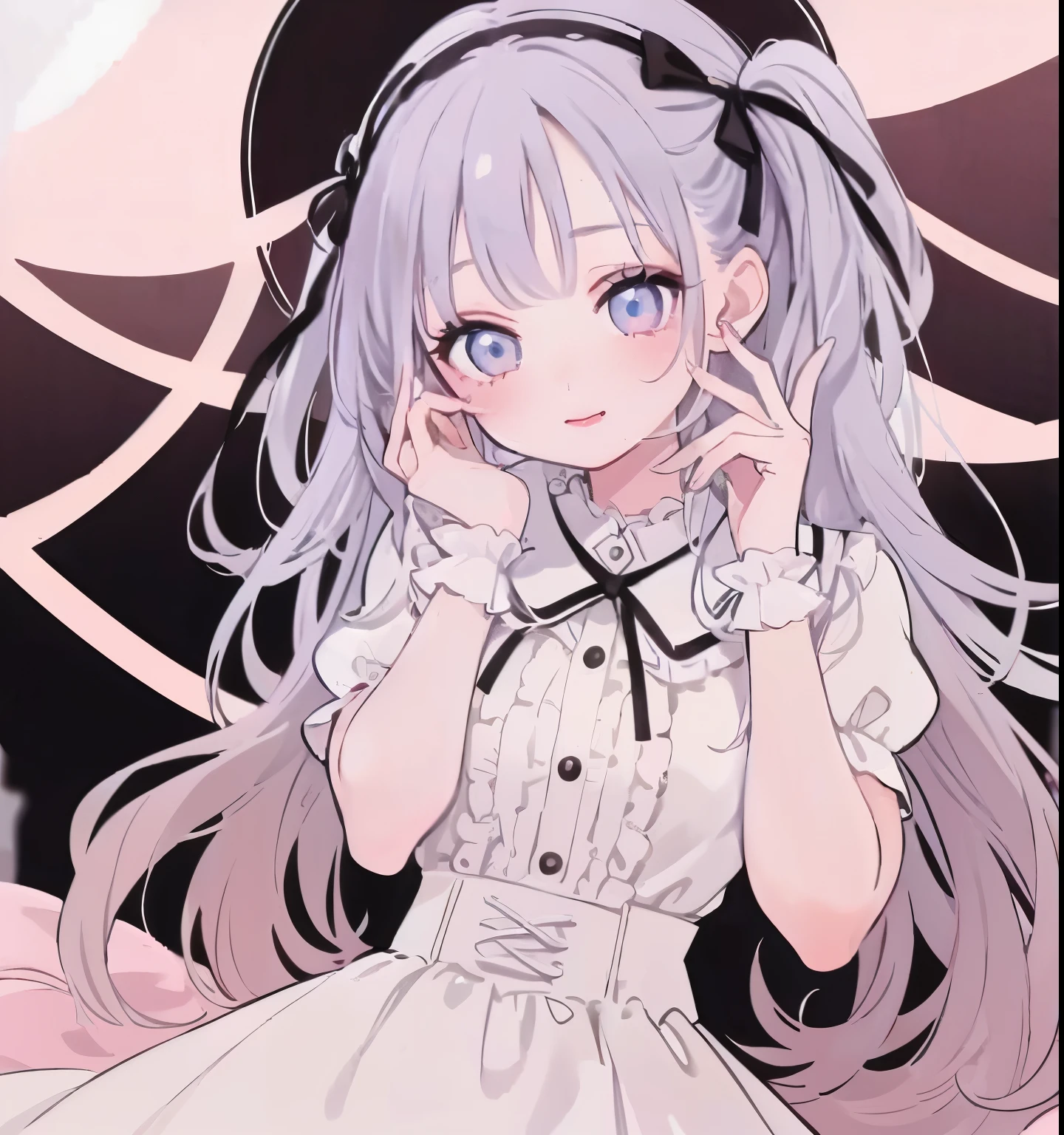highest quality、An illustration、1 girl、beautiful face、cute、white background、beige hair、curly hair、thin white ribbon on head、white blouse、gingham checked skirt、white skin、princess cut、pink cheeks、Small lips、Pink lips、tear bag、smile
