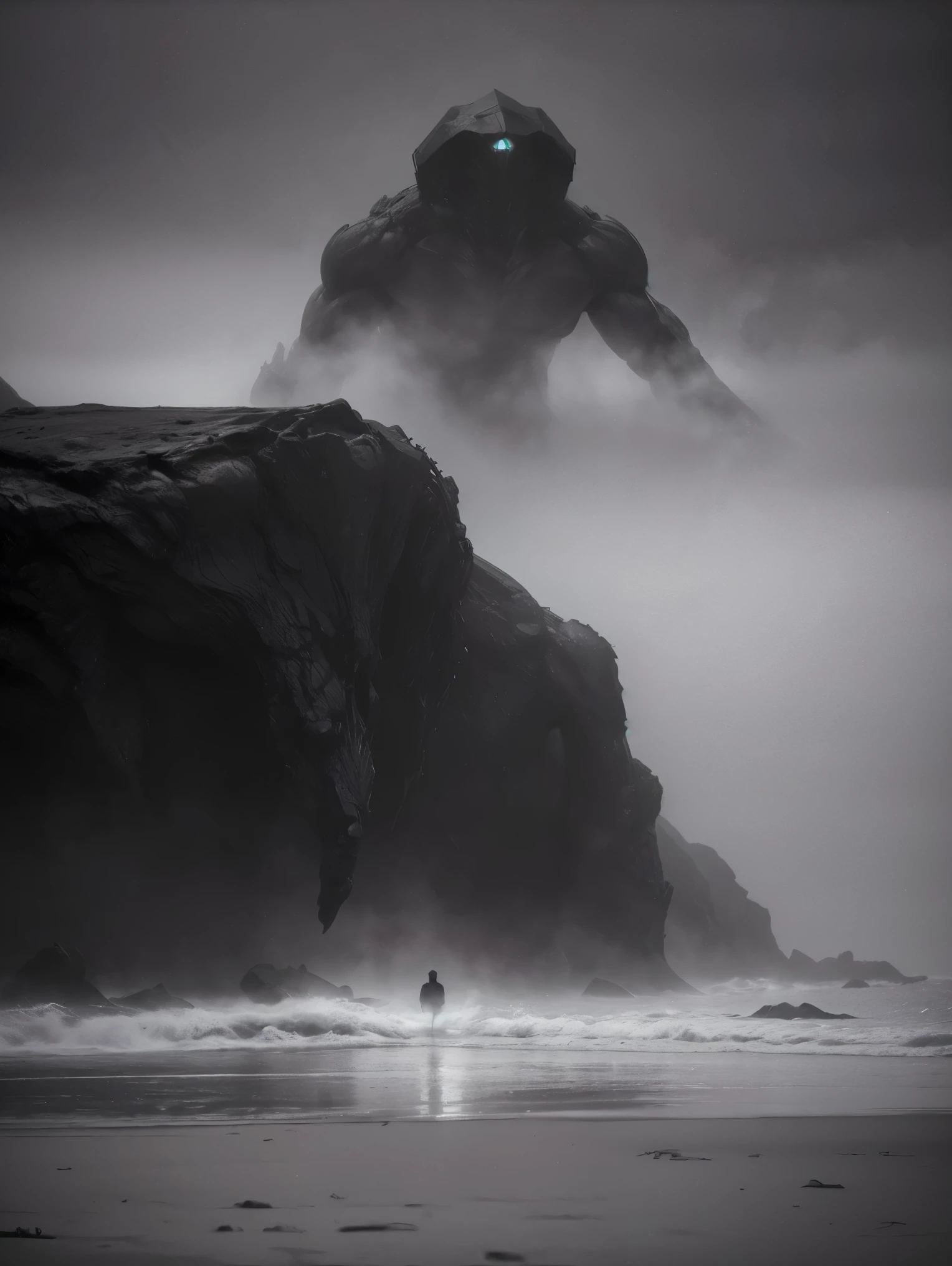 Create an eerie foggy beach scene with a man staring at a pacific rim-creature emerging from the fog. in the style of Yuri Shwedoff. Octane Render technology cinematic, epic realism,8K, highly detailed, long exposure lighting, black and white photography, spooky vibe, backlit