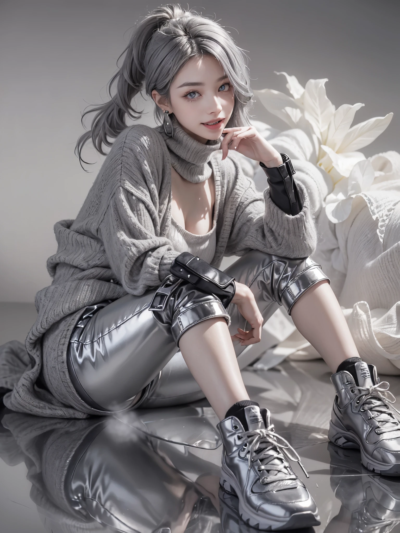 (Realistic:1.2), (fashion portrait:1.6), (brand collection, fashion brand theme:1.6), (detailed, beautiful, masterpiece, best quality:1.2), _ BREAK (1girl:1.2), 22 years old, 160 cm, Japanese cute model, Tightened all body, medium Breasts, small head, small face, diamond Face, small nose, Sharp Faceline, Detailed face, Detailed eyes, young hands and fingers, beautiful hands and fingers, five fingers, _ BREAK (happy, smile, Glossy Lips:1.3), (Light color lips, Half open mouth, beautiful Teeth:1.2), (dropy eyes, Double eyelid, light color eyes, Shiny eyes:1.5), Shiny skin, _ BREAK (arranged hairstyle:1.4), (gray hair, shiny hair, _ BREAK (gray background:1.4), mist, fog:1.4), _ BREAK (wide angle:1.4), (sitting, fashion model pose:1.2), focus shoes, from below, BREAK (Cyberpunk and wool fusion:1.3), ((wear an oversized wool turtleneck with rubberized surface) for a luxurious, futuristic, bodysuit, High legs, and warm feel:1.2), (large sleeves:1.2), (7/8 length:1.2), (simple yet cyberpunk-themed design:1.3), BREAK (black and White theme:1.3), (Low rise pants with a black subtle reflective pattern:1.2), (Low rise:1.4), (Shin skin:1.2), (Thick sole technical High Sneaker with sleek metal details:1.2), (edgy and versatile:1.2),(Long drooping silver earrings:1.2),