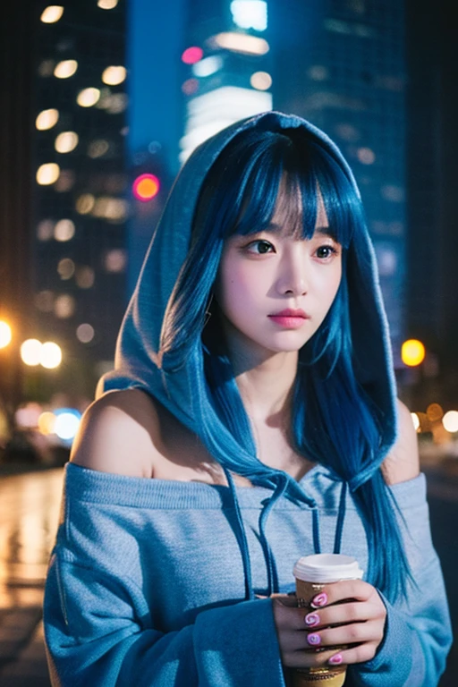 "1girl, hoodie, blue hair, super long hair, off-shoulder, feather hair ornament, headphones around the neck, city, night, outdoor"