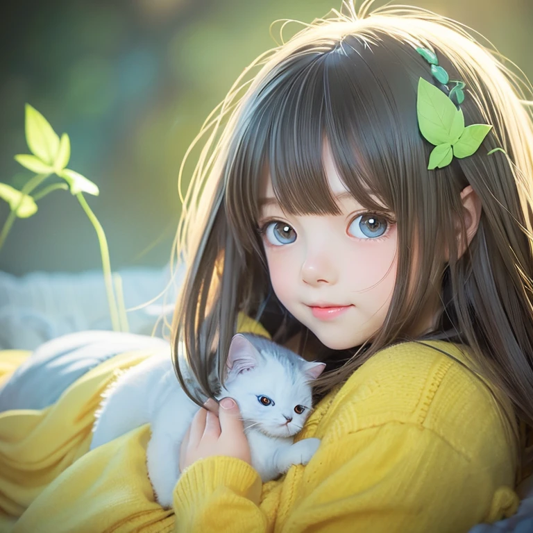 anime illustration、masterpiece、Young and cute、Darker hair color、like、light blue eyes、yellow green,yellow、Gentle atmosphere、Warm atmosphere