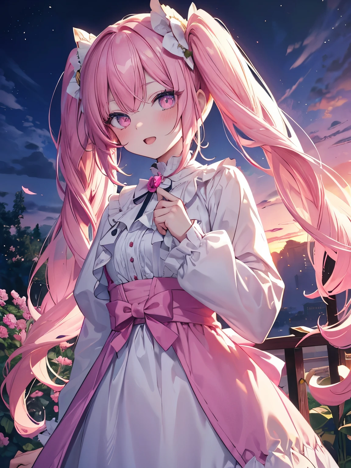 masutepiece, Highest Quality, (Perfect face:1.1), (high detailing:1.1), (ultradetailed eyes), Dramatic, superfine illustration, Extremely detailed,1girl in, teenager,(pale skin), Happy, Laugh, Enjoy,Open mouth,gloweyes,pinkhair, (long twintail),Ethereal eyes, pink eye,blush, Solo,Pouty lips,Cinematic lighting,looking for viewer, cowboy shot,Long sleeve,PINK Princess dress,long length,outdoor,garden,sunny,morning