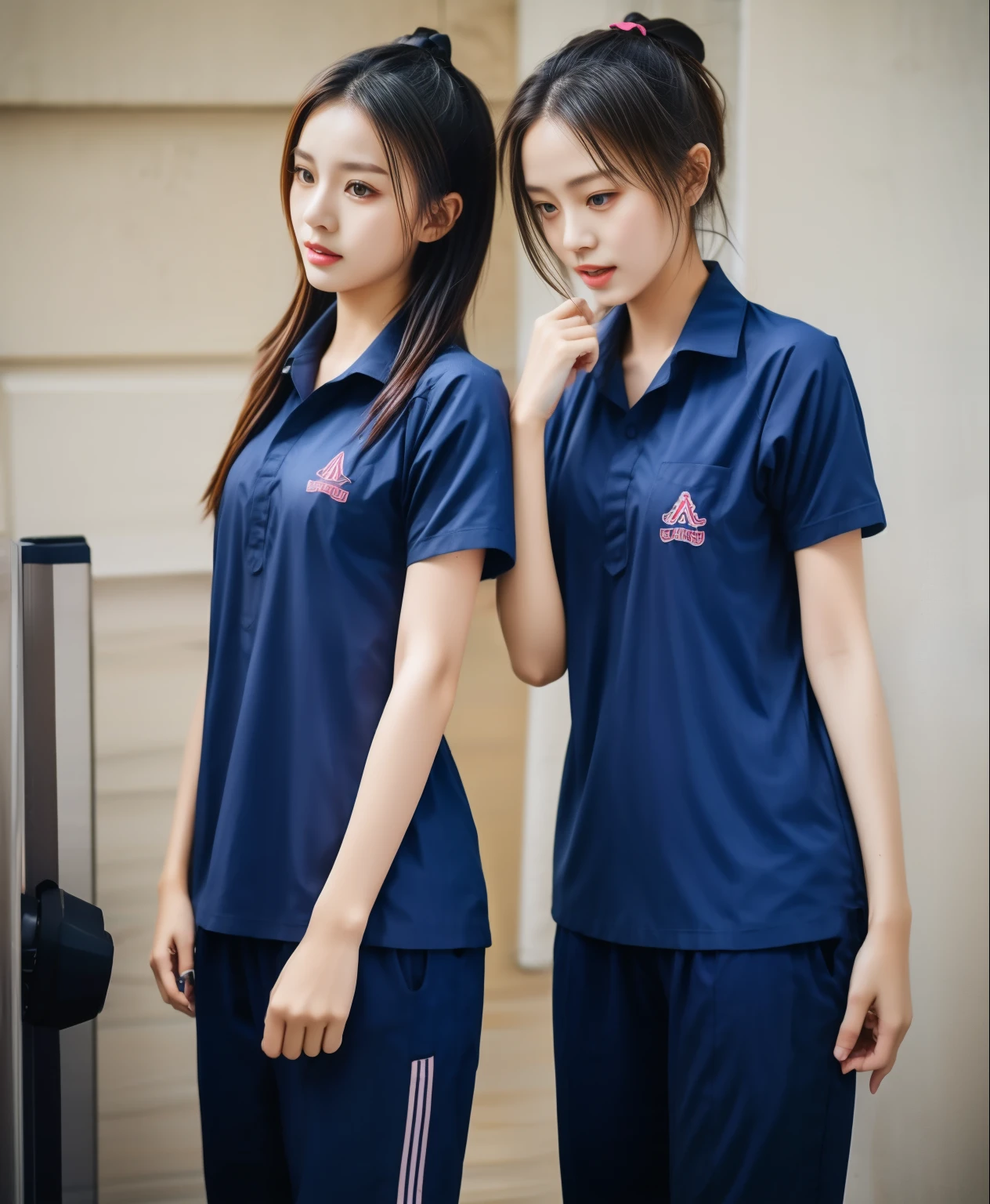 2 girls in the fitness center, Navy blue short-sleeved shirt,Navy Long Trackpant,Sweatpants, Sweatpantsขายาว,25 year old girl, lesbian, sexy, exercise clothes, wet body, exercise clothes