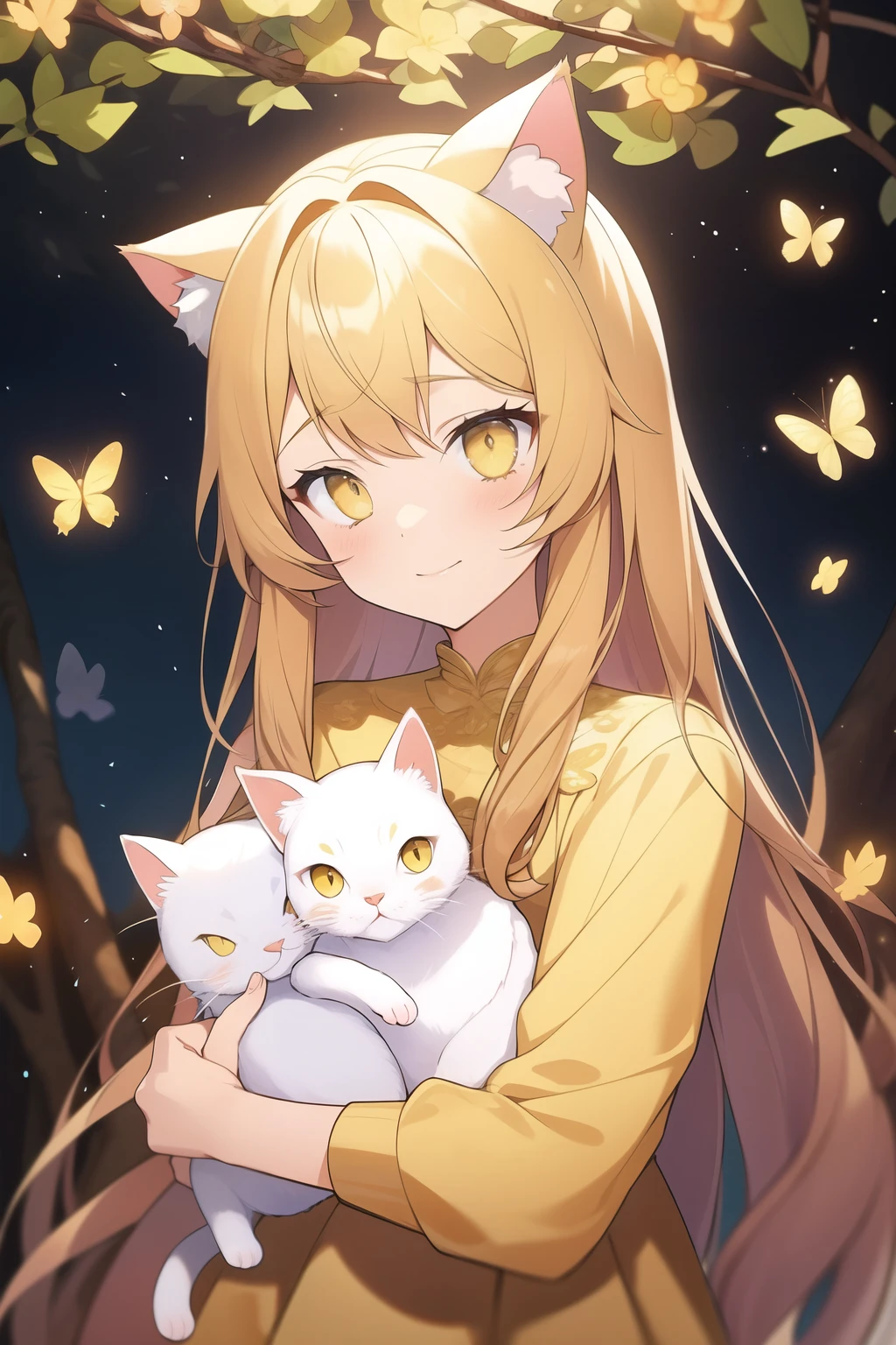 A fantasy scene of a petite cat girl with cat ears and golden hair and yellow eyes and white cat whiskers on face, wearing a yellow dress. She is surrounded by cute white animals, butterflies, and glowing flowers. The background is a golden forest of golden hair and golden tree branches. The image has a soft and dreamy color scheme.