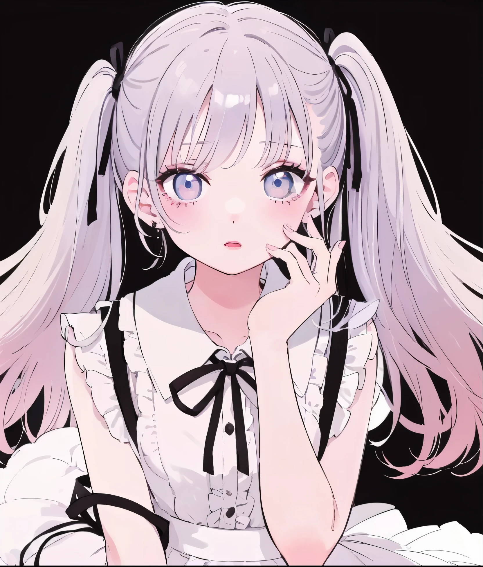 highest quality、An illustration、1 girl、beautiful face、cute、white background、blonds hair、half twin tail、thin white ribbon on head、white blouse、gingham checked skirt、white skin、princess cut、pink cheeks、Small lips、Pink lips、tear bag